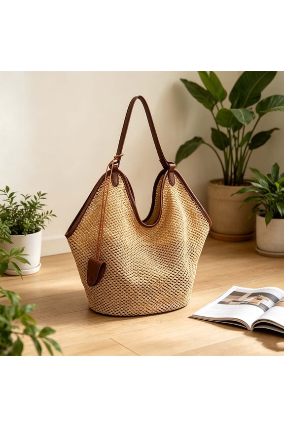 Women'S Knot Handle Tote Handbag Natural Woven Raffia Beach Bag, Fan Shaped Straw Purse with Brown Leather Handles, Oversized Summer Travel Tote for Sand Shopping Vacation, Lightweight