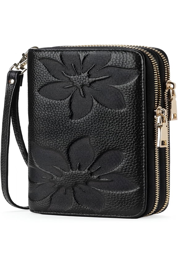 Women'S Wallet Large Capacity Double Zip Ladies Card Phone Holder Rfid Blocking Wristlet Leather