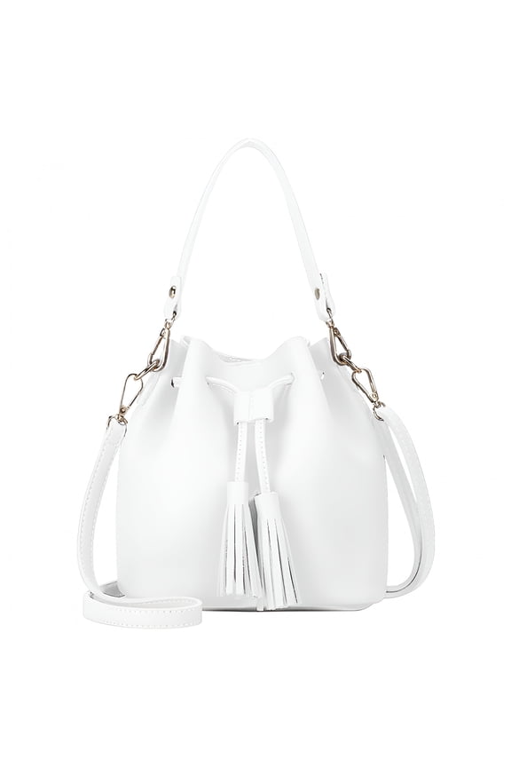 Women Faux Leather Drawstring Shoulder Bucket Bag, White