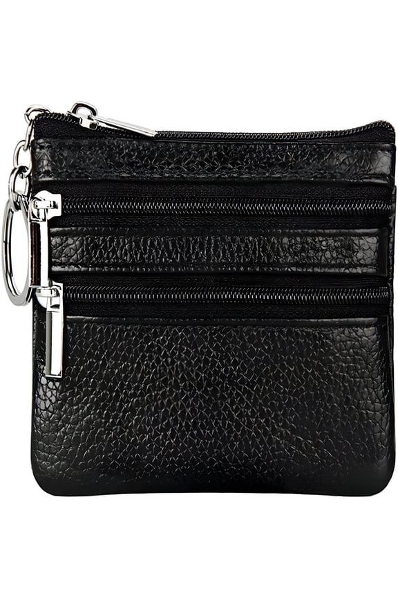 Women's Leather Small Coin Purse with 3 Zipper Pockets, Mini Pouch Loose Change Wallet Card Holder Case with Keychain