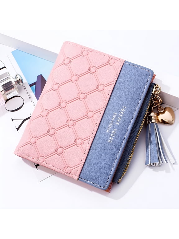 Women's Mini PU Leather Wallet, Slim Zipper Clutch Purse with Card Holder & Coin Pocket, Pink