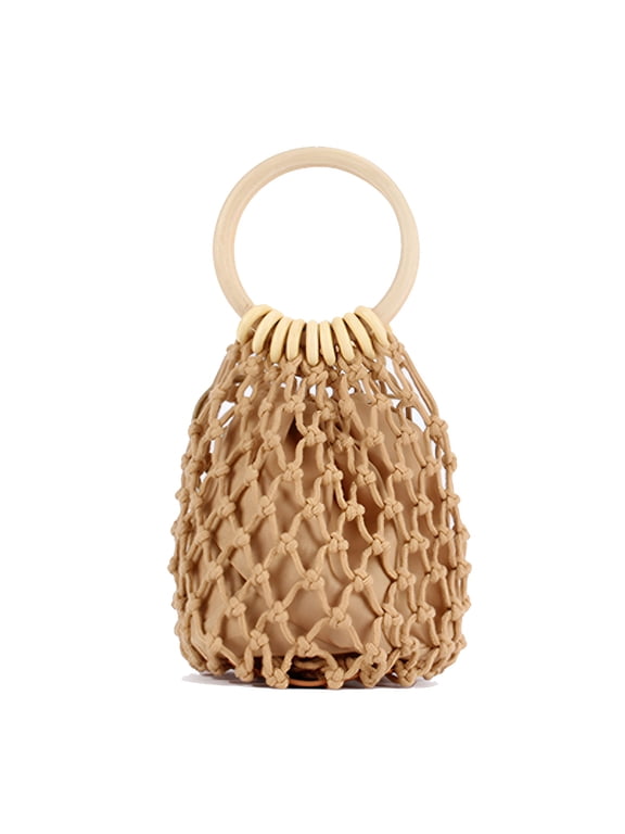 Woven Bag Beach Clutch Summer Purses Wallet Straw Wooden Cotton Thread Woven Purse