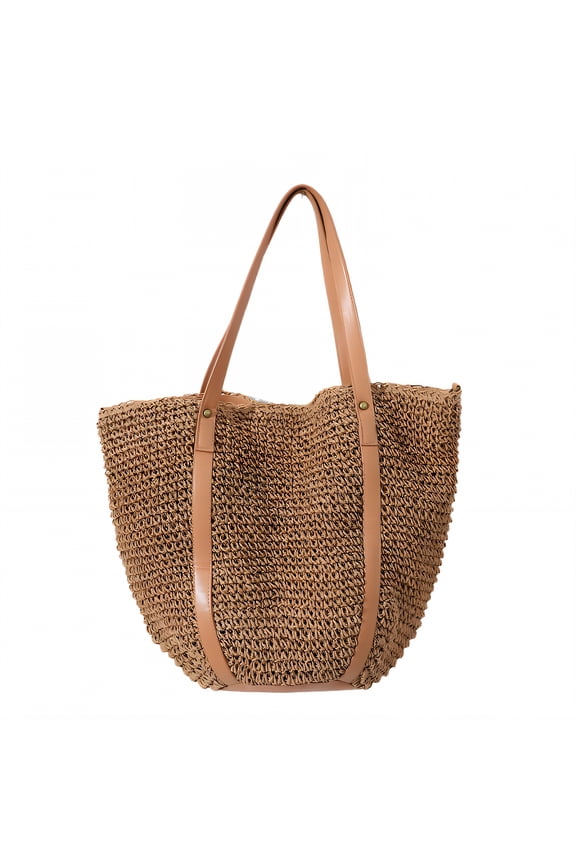 Woven Bag,Raffia Grass Straw Beach Bag,Spacious Interior Woven Tote Bag for Women,Coffee