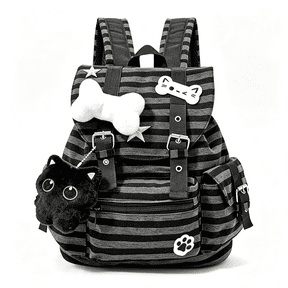 GASTROPOD Y2K Striped Backpack,Kawaii Coquette Aesthetic Daypack with Cat Charm,Cute Preppy Laptop Backpack for College&Travel,Adorable Kawaii Backpack
