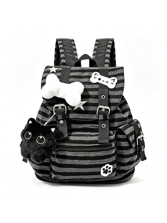 Y2K Striped Backpack,Kawaii Coquette Aesthetic Daypack with Cat Charm,Cute Preppy Laptop Backpack for College&Travel,Adorable Kawaii Backpack