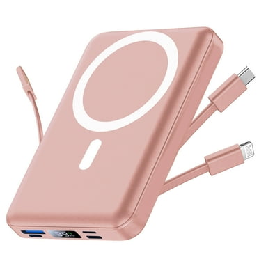 GASYESOY Portable Charger,10000mAh 20W Power Bank,Built-in Cables Fast Charging,with LED Display for iPhone 16/15/14/13/12 and Android,Pink