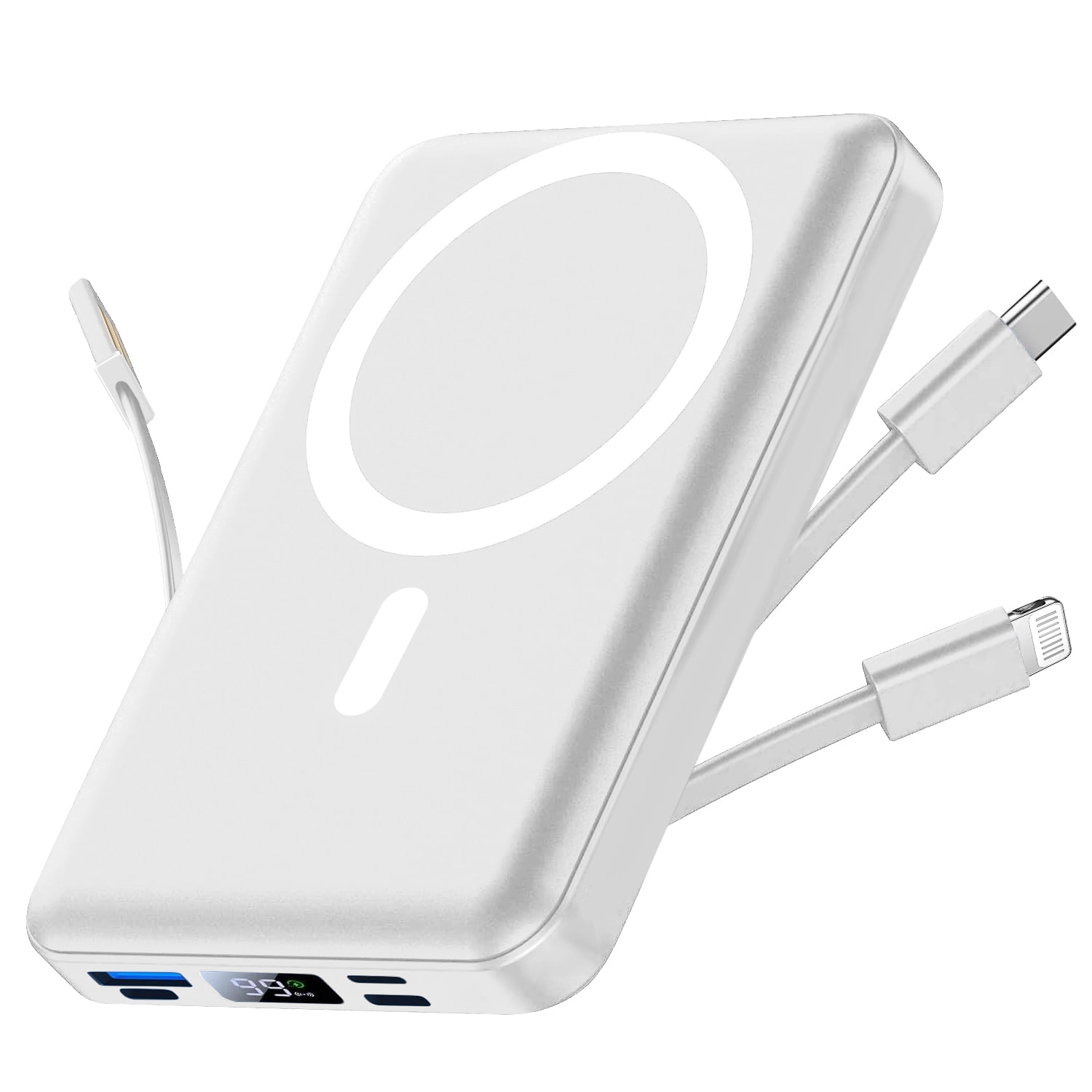GASYESOY Portable Charger,10000mAh 20W Power Bank,Built-in Cables Fast Charging,with LED Display for iPhone 16/15/14/13/12 and Android,White
