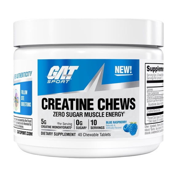 GAT SPORT Creatine Chews, Zero Sugar, 5g Pure Creatine Monohydrate, 3rd Party Tested, Brain Health, Muscle, Strength, Anti-oxidant Support, for Men & Women, 10 Servings (Blue Raspberry)
