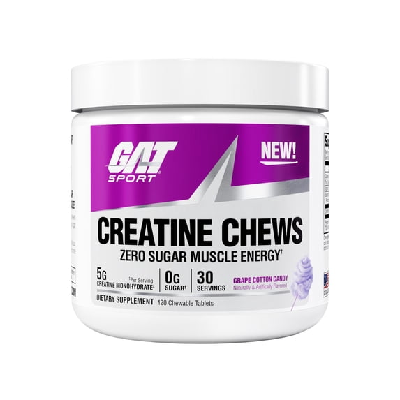 GAT SPORT Creatine Chews, Zero Sugar, 5g Pure Creatine Monohydrate, 3rd Party Tested, Brain Health, Muscle, Strength, Anti-oxidant Support, for Men & Women, 30 Servings (Grape Cotton Candy)