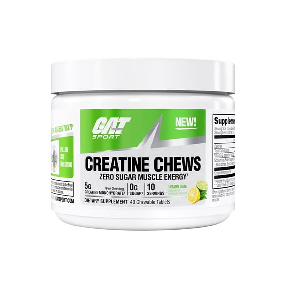 GAT SPORT Creatine Chews, Zero Sugar, 5g Pure Creatine Monohydrate, 3rd Party Tested, Brain Health, Muscle, Strength, Anti-oxidant Support, for Men & Women, 40 Count, 10 Servings (Lemon Lime)