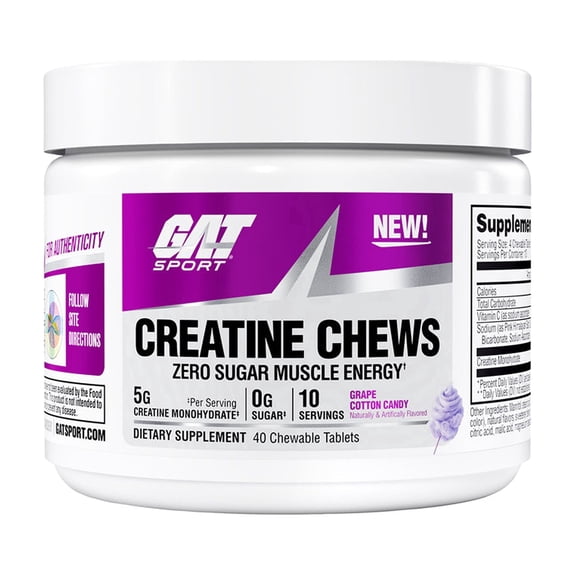 GAT SPORT Creatine Chews, Zero Sugar, 5g Pure Creatine Monohydrate, 3rd Party Tested, Brain Health, Muscle, Strength, Anti-oxidant Support, for Men & Women, 40 Count, 10 Servings (Grape Cotton Candy)