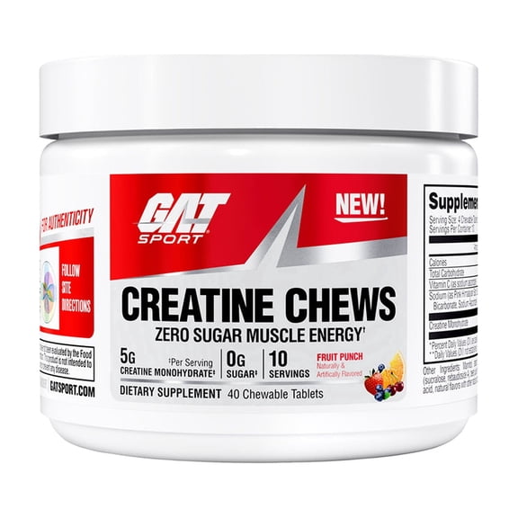 GAT SPORT Creatine Chews, Zero Sugar, 5g Pure Creatine Monohydrate, 3rd Party Tested, Brain Health, Muscle, Strength, Anti-oxidant Support, for Men & Women, 40 Count, 10 Servings (Fruit Punch)