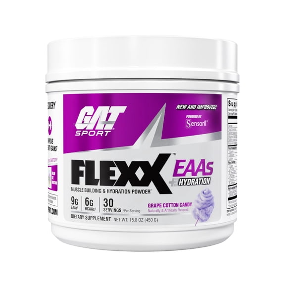 GAT SPORT FLEXX EAAs New & Improved 9g EAAs + Ashwagandha | Muscle Recovery & Hydration | 3rd Party Tested | 30 Servings (Grape Cotton Candy)