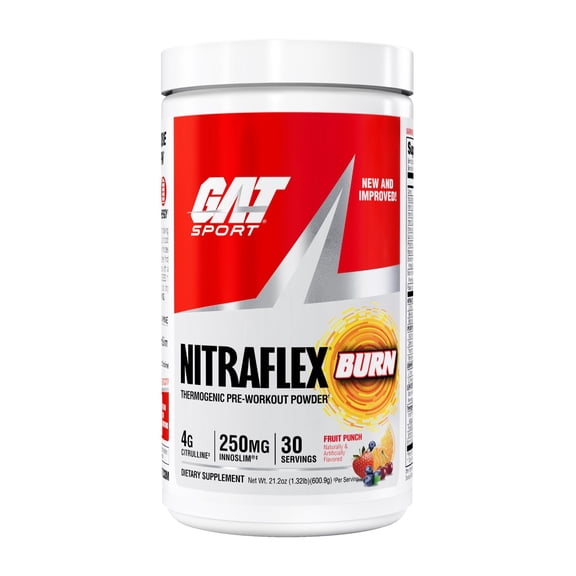 GAT SPORT NITRAFLEX Burn, Pre Workout Thermogenic Powder, Fruit Punch, 30 Servings