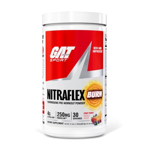 GAT SPORT NITRAFLEX Burn, Pre Workout Thermogenic Powder, Fruit Punch, 30 Servings