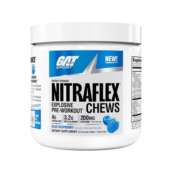 GAT SPORT Nitraflex Performance Pre-Workout Chews - Blue Raspberry, 40 count, 10 Servings