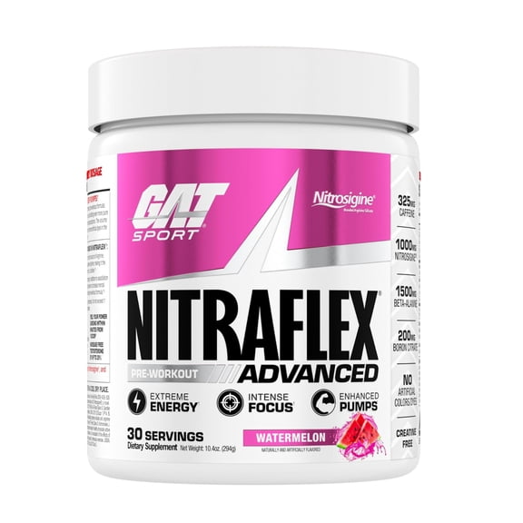 GAT SPORT Nitraflex Advanced Pre-Workout Powder, Increases Blood Flow, Boosts Strength and Energy, Improves Exercise Performance, Creatine-Free (Watermelon, 30 Servings)