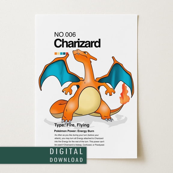 GATEGOO Poster Charizard Pokemon Poster | Minimalist Japanese Anime Wall Art 8X12, UNFRAMED