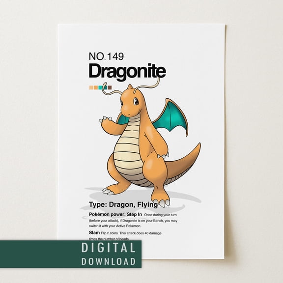 GATEGOO Poster Dragonite Pokemon Poster | Minimalist Japanese Anime Wall Art 8X12, UNFRAMED