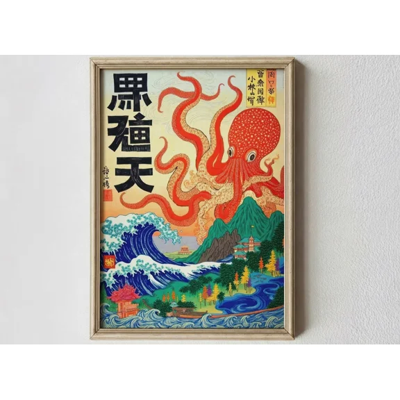 GATEGOO Poster Japanese Octopus Ukiyo-E Poster Print | Vintage Sea Monster Wall Art 8X12, UNFRAMED