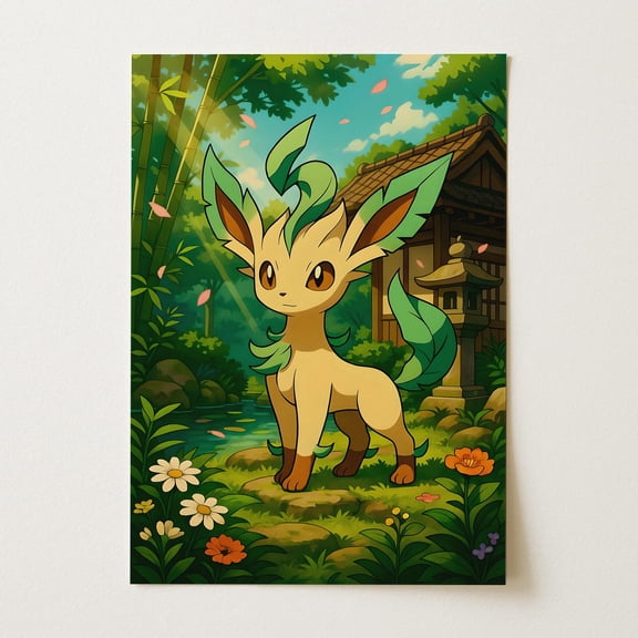 GATEGOO Poster Leafeon Pokémon Poster | Japanese Anime Wall Art | Tranquil Tea House Garden Print For Nature Lovers 8X12, UNFRAMED