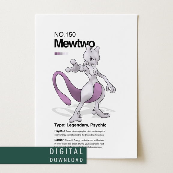 GATEGOO Poster Mewtwo Pokemon Poster | Minimalist Japanese Anime Wall Art 8X12, UNFRAMED