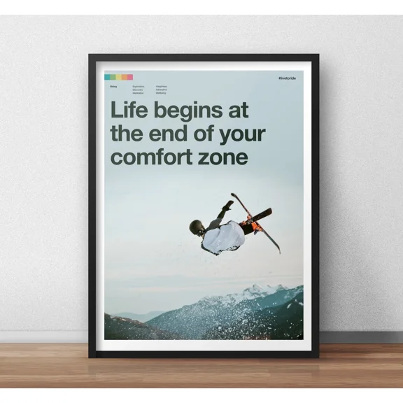 GATEGOO Poster Skiing Motivational Poster – Life Begins At The End Of Your Comfort Zone Art 12X18, UNFRAMED