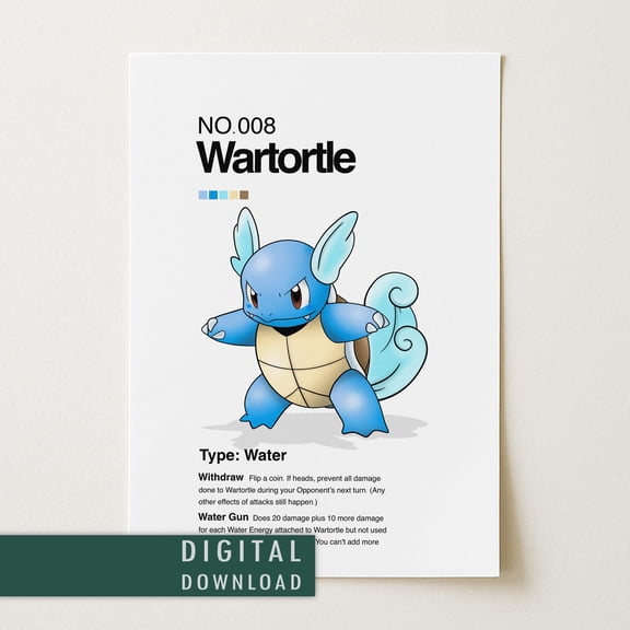 GATEGOO Poster Wartortle Pokemon Poster | Minimalist Japanese Anime Wall Art 8X12, UNFRAMED