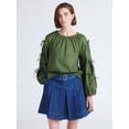 thumbnail image 1 of Free Assembly Women's and Women's Plus Gathered Neck Cotton Top with Long Tie Sleeves, Sizes XS-4X, 1 of 6