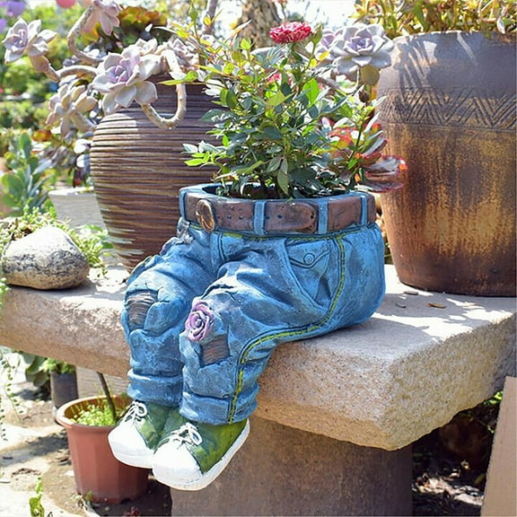 GATXVG Denim Clothes Pants Resin Flower Pots Creative Resin Gardening Plant Pots Long Blue Jeans Planter Garden Decoration for Home Lawn Yard Outside Decor