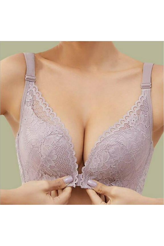 Front Closure Double Support Wireless Bra, Lace Bra with Stay-in-Place Straps, Full-Coverage Wire-Free Lightly Lined Comfort Bralette for Everyday Wear