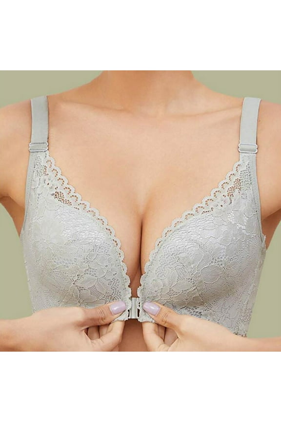 Front Closure Double Support Wireless Bra, Lace Bra with Stay-in-Place Straps, Full-Coverage Wire-Free Lightly Lined Comfort Bralette for Everyday Wear