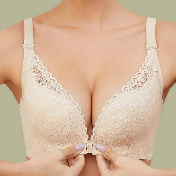 GATXVG Front Closure Double Support Wireless Bra, Lace Bra with Stay-in-Place Straps, Full-Coverage Wire-Free Lightly Lined Comfort Bralette for Everyday Wear