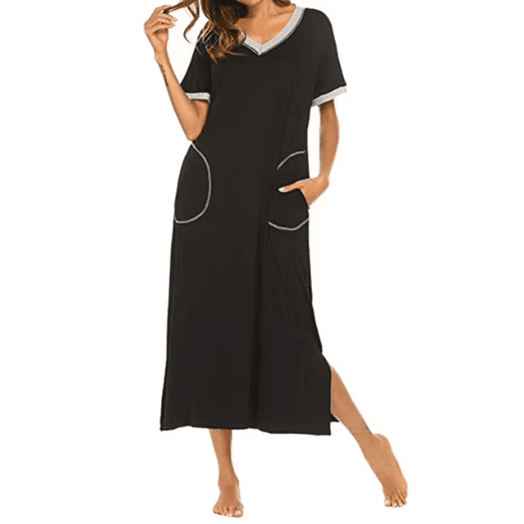GATXVG Long Nightgown for Women Short Sleeves Sleepshirts Sleep Dress, Womens Oversized Loose Pajama Crewneck Solid Color Loungewear, Ultra-Soft Comfot Sleepwear Pjs with Pockets