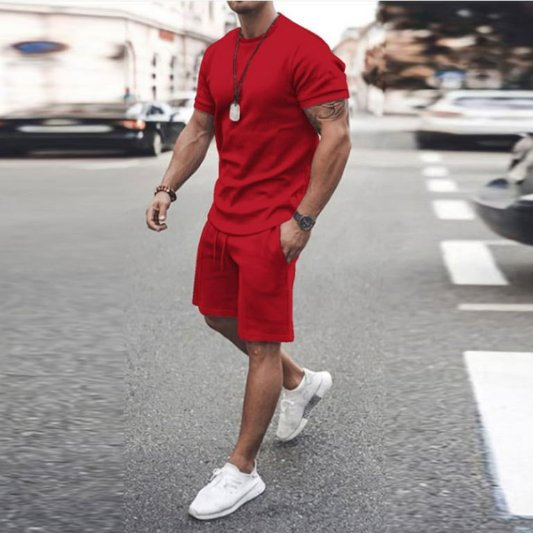 GATXVG Men Summer 2 Piece Outfits Pure Color Casual Crew Neck Muscle Long Short Sleeve Tee Shirts and Classic Fit Sport Shorts Set Tracksuit Walmart