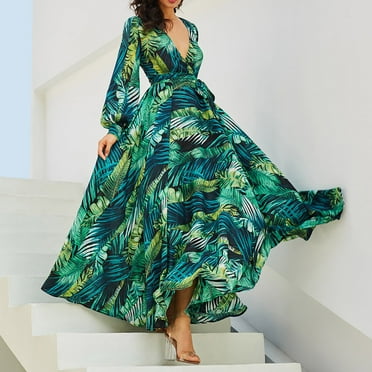 GATXVG Women's Summer Long Sleeve Print Swing Maxi Dresses Casual long Dress for Beach Vacation Flowy Dresses Sundress