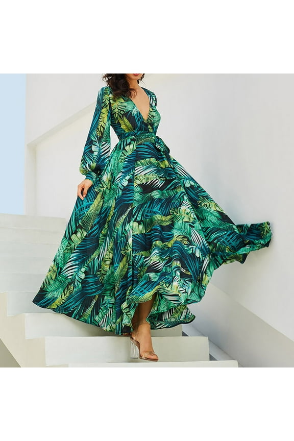 Women's Summer Long Sleeve Print Swing Maxi Dresses Casual long Dress for Beach Vacation Flowy Dresses Sundress