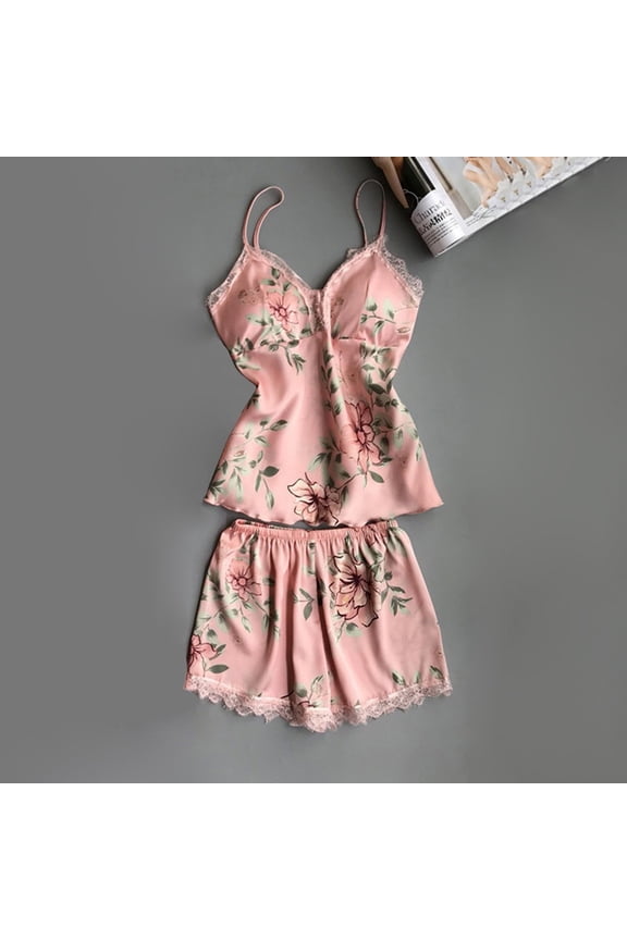Womens Satin Pajamas 2Pcs Cami Tops & Shorts Sets, Sexy Lace Trim Lingerie Camisole Soft Comfort Sleepwear, Floral Print Pjs Stretch Casual Loose Loungewear Summer Nightwear Gift