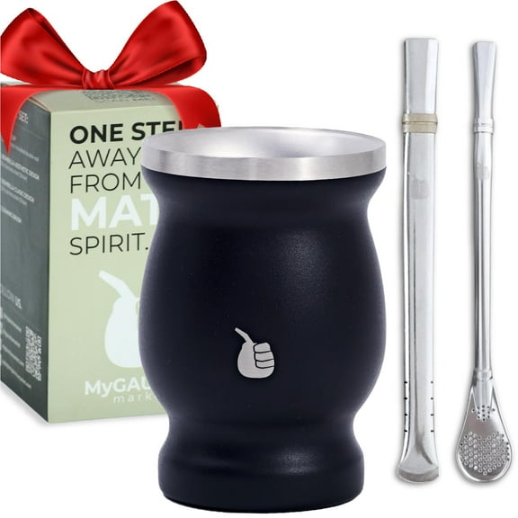 GAUCHO-MARKET Yerba Mate Cup Gourd Double-Wall Insulated Vacuum Stainless Steel Mate Tea Cup Set, Includes 2 Bombillas (Yerba Mate Straw) and a Cleaning Brush (A-MATE).…