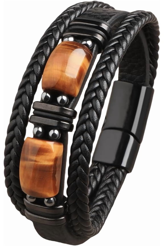 GAUEIOUR Tiger Eye Crystal Black Leather Bracelet,Retro Punk Multi-layer Weave Rope Leather Men's Jewelry,Accessories,Gifts