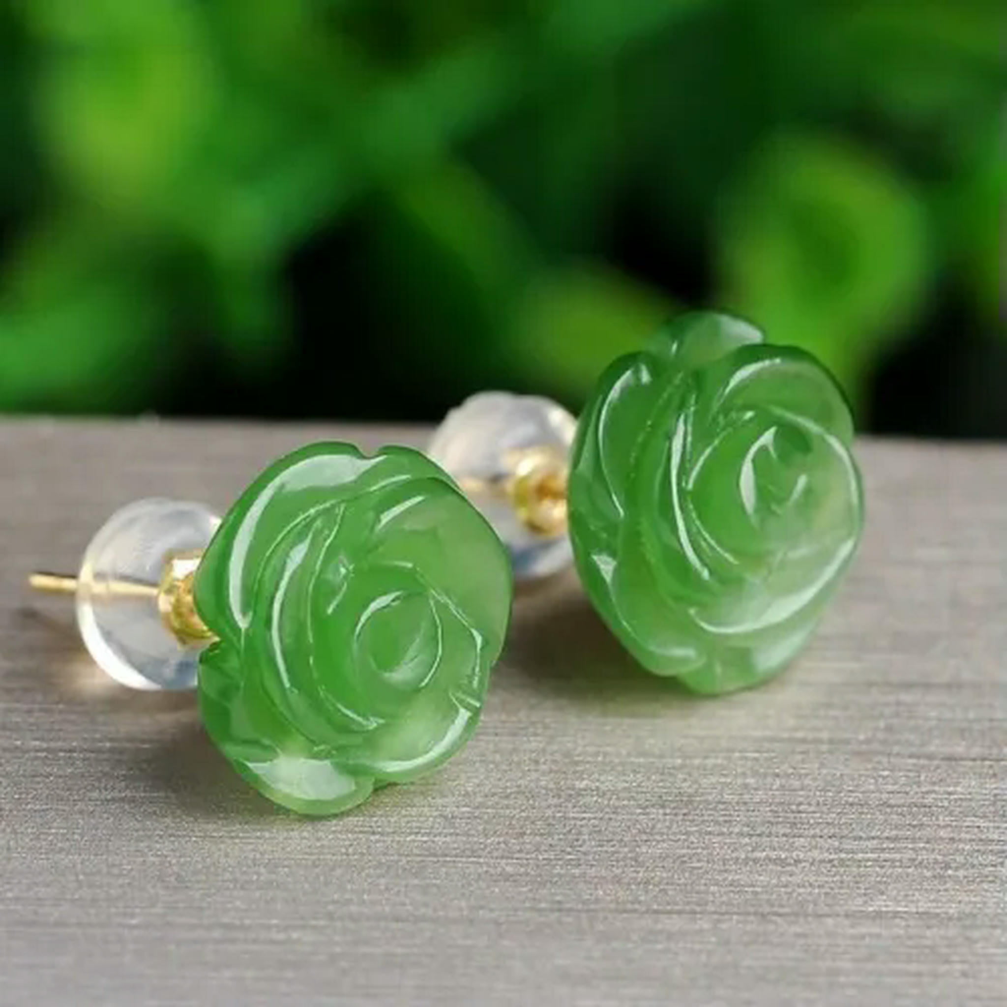 GAVONO Hand Carved Green Jade Rose Flower Floral Healing Dainty 14K Stud Earrings