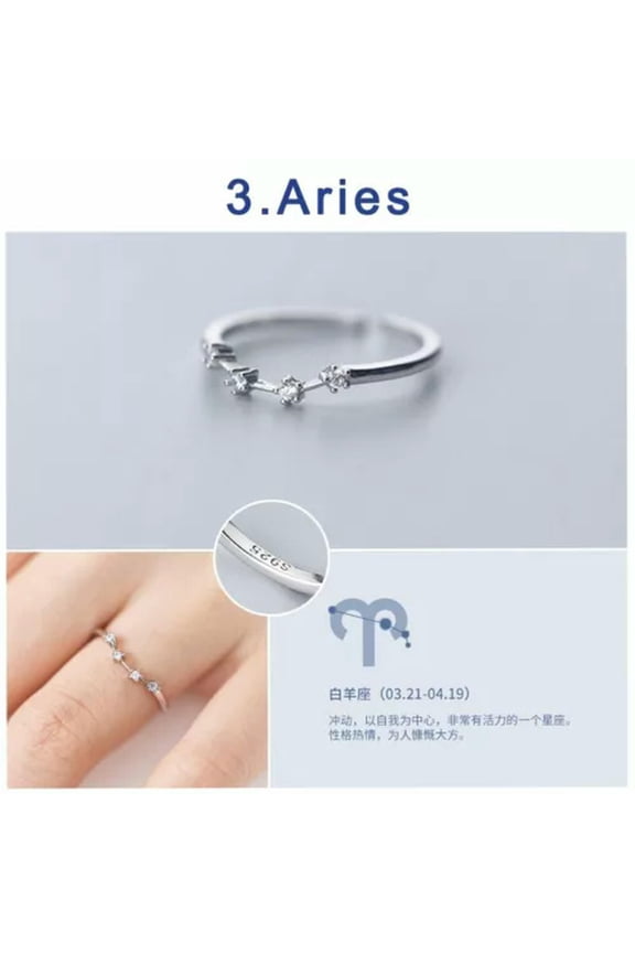 Women Zircon 12 Constellations Zodiac Sign Silver Plated Open Rings Adjustable-Aries