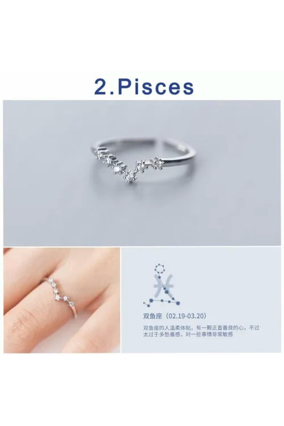 Women Zircon 12 Constellations Zodiac Sign Silver Plated Open Rings Adjustable-Pisces