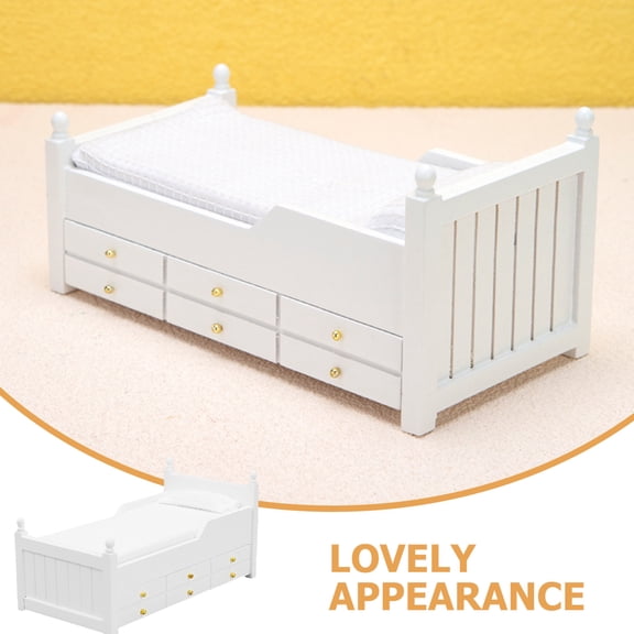 GAXIRE Dollhouse Bed with Drawer White Wood Dollhouse Collectors Storage Indoor Display 1Pack