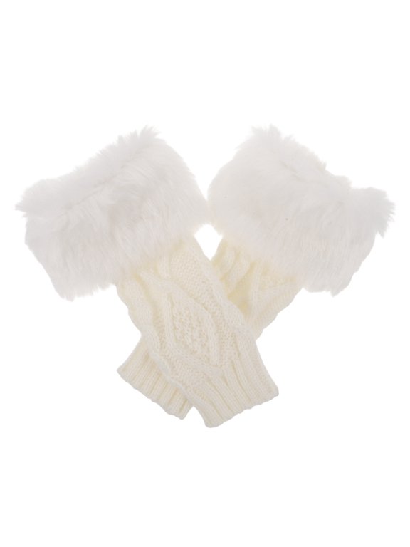1Pair Ivory Knitted Half Finger Gloves with Furry Wrist Sleeves for Cold Weather