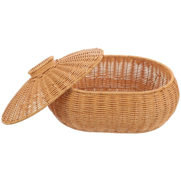 GAXIRE Woven Basket with Lid for Snacks Storage, Light Brown Plastic Rustic Style Container for Dining Room Organization