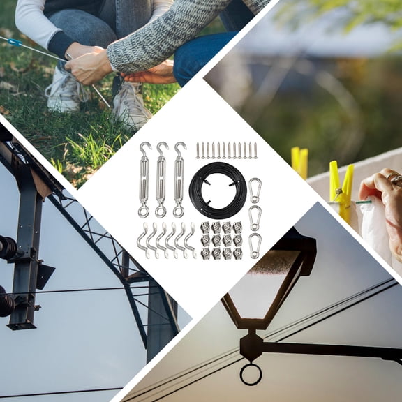 GAXIRE 1Set Black Steel Wire Rope String Light Hanging Kit with Easy Removal for Outdoor Use