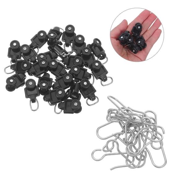 GAXIRE 24Sets Curtain Gliders with Hooks - Ceiling Curtain Carrier Drapery Rail Sliding Gliders Included 24 Hooks - Easy to Install & Smooth Sliding for Track System, Black
