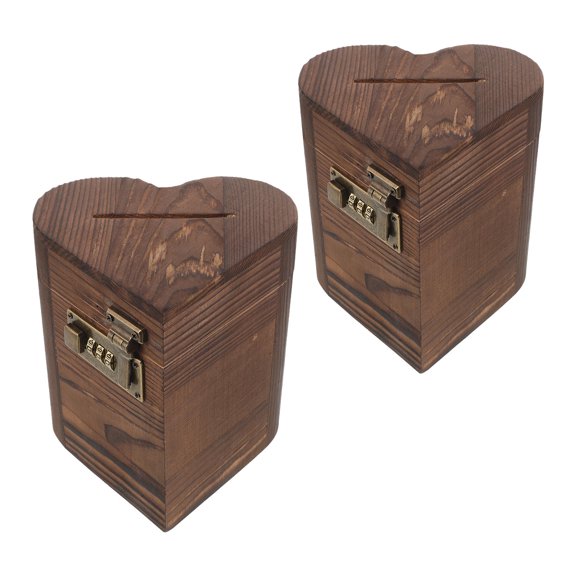 GAXIRE 2Pcs Cash Saving Box Crafted from Wood Coffee Tone with Heart Shape and Lock for Personal Finance Saving