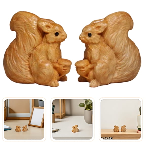 GAXIRE 2Pcs Hand Carved Solid Wood Small Squirrel Statues Decorative Animal Figurines